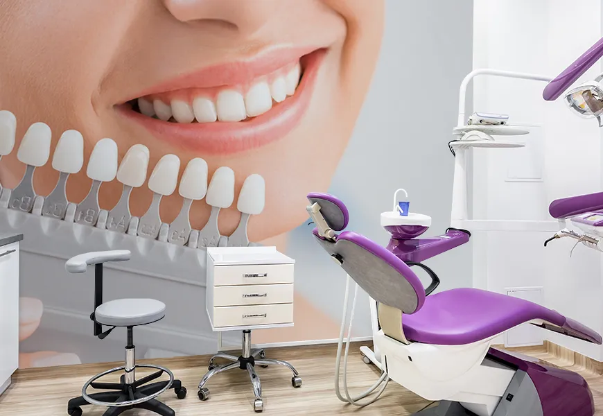 کاغذ دیواری سه بعدی مطب دندانپزشکی نمای لبخند